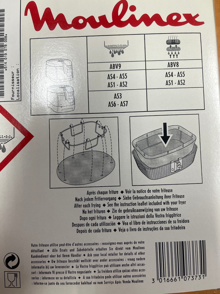 12 FILTRES A HUILE FRITEUSE MOULINEX AS1 / AS2 / AS3 / AS4 / AS5 / AS6 / AS7 - SUPREMIA ABV9 - Jusqu'à fin de stock