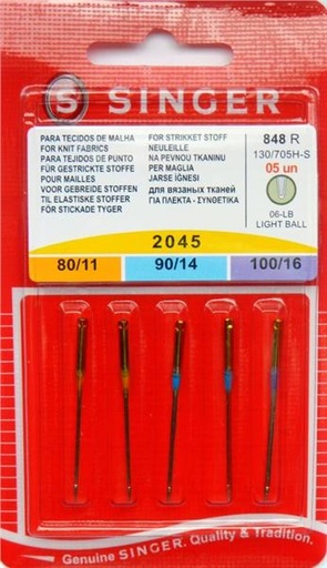 [999.043.014.015] AIGUILLE POUR MACHINE A COUDRE SINGER,... Pour tissus mailles - 2045-848R - 2 X80 - 2 X 90 - 1 X 100