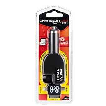 [150.000.000.037] CHARGEUR VOITURE AVEC CABLE RETRACTABLE POUR MICRO USB / I PHONE 4 ET 5 /